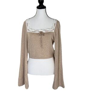 Dee Elly Beige Cropped Sweater Top Bell Sleeve Square Neckline *XL Coquette NWOT